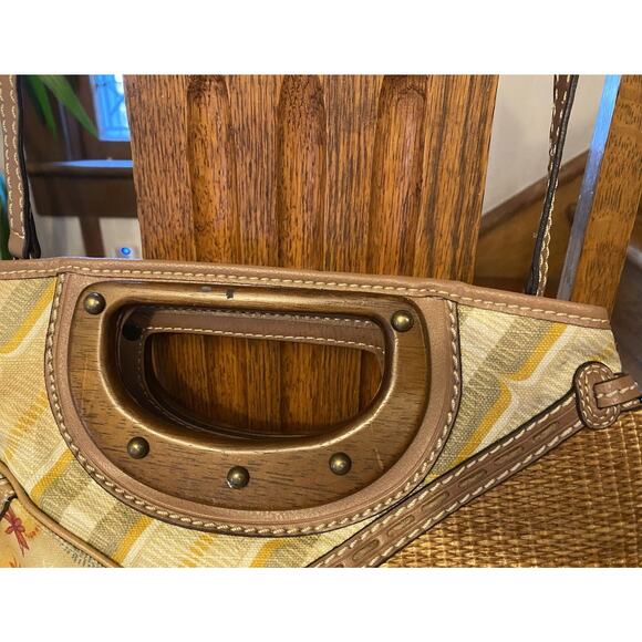 Fossil Patchwork Purse Canvas Rattan Wood Handle Detachable Leather Strap Pocket - Picture 3 of 11